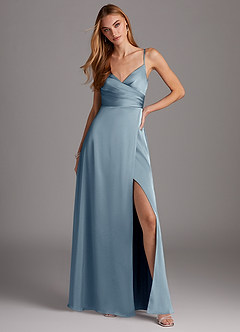 Azazie Calissa Bridesmaid Dresses Dusty Blue A-Line V-Neck Pleated Stretch Satin Dress image3