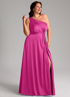 Azazie Brooke Bridesmaid Dresses Fuchsia A-Line One Shoulder Stretch Satin Dress image4