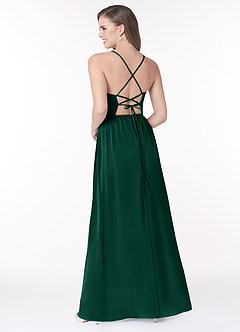 Azazie Raya Bridesmaid Dresses Emerald A-Line V-Neck Pleated Stretch Satin Dress image2