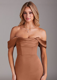 Azazie Saige Bridesmaid Dresses Bronzer Mermaid Off the Shoulder Stretch Satin Dress image5