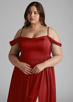 Azazie Morana Bridesmaid Dresses Pomegranate A-Line Off the Shoulder Stretch Satin Convertible Dress image15