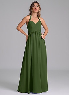 Azazie Darlyn Bridesmaid Dresses Olive A-Line Pleated Chiffon Dress image4