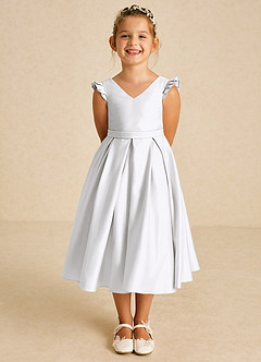 Azazie Francine Blumenmädchenkleider A-Linie Schleifen Matte Satin Kleid Weiß image2