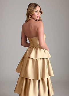 Azazie Faye Bridesmaid Dresses Champagne A-Line Ruched Stretch Satin Dress image6