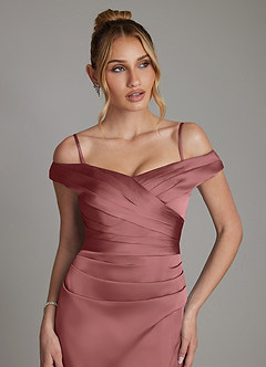 Azazie Teyana Bridesmaid Dresses Amethyst Sheath Off the Shoulder Stretch Satin Dress image3