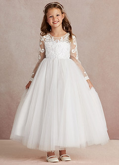 Azazie Elodie Flower Girl Dresses Ivory White Ball-Gown Lace Dress image3
