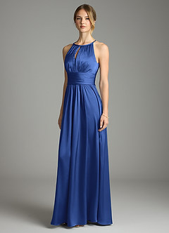 Azazie Bonnie Vestidos de damas de honor Vestido de Azul Real de Satén Elástico de Corte en A con Plisado image1