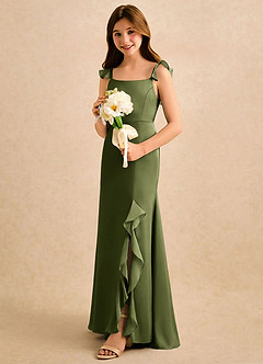Azazie Novalie Girls Formal Flower Girl Dresses Olive Mermaid Bow Stretch Satin Dress image2