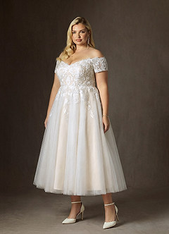 Azazie Rowe Abiti da Sposa Abito A-Line in Pizzo a Spalla Scoperta Bianco Diamante Champagne image2