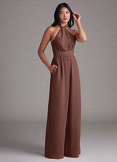 Azazie Lamara Bridesmaid Dresses Espresso Off the Shoulder Chiffon Convertible Jumpsuit image11