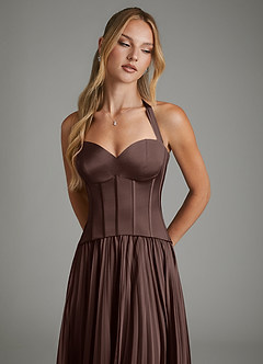 Azazie Piper Bridesmaid Dresses Ganache A-Line Corset Stretch Satin Dress image4