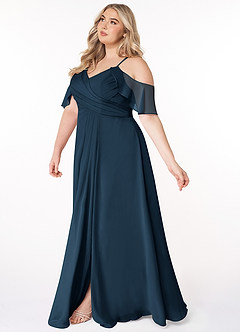 Azazie Dakota Vestidos de damas de honor Vestido Azul Marino Oscuro de Gasa de Línea A con Cuello en V plisado image7