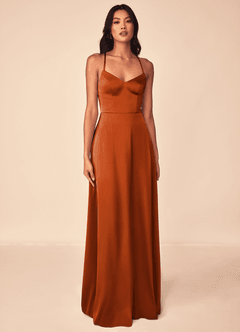 Azazie Mei Bridesmaid Dresses Burnt Orange A-Line V-Neck Stretch Satin Dress image1