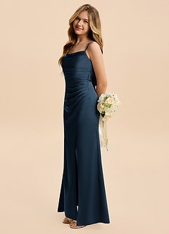 Azazie Minnie Junior Dark Navy Sheath Ruched Stretch Satin Dress image3