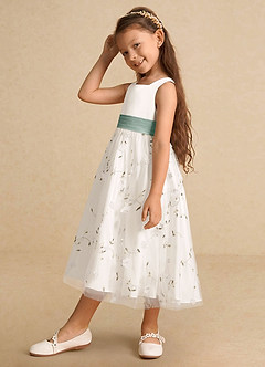 Azazie Pollie Flower Girl Dresses Ivory Silver Sage A-Line Bow Tulle Dress image8
