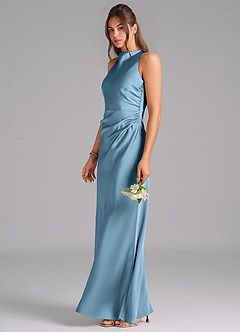 Azazie Evadne Bridesmaid Dresses Steel Blue A-Line Pleated Stretch Satin Dress image1