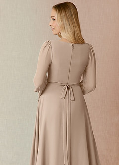 Azazie Leonia Bridesmaid Dresses Taupe A-Line Long Sleeve Chiffon Dress image7