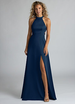 Azazie Clarice Bridesmaid Dresses Dark Navy A-Line High Neck Stretch Satin Dress image4