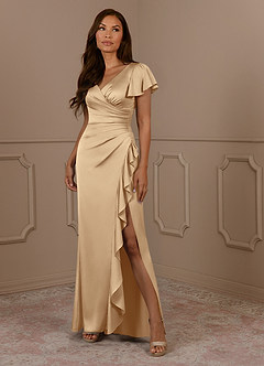 Azazie Roya Mother of the Bride Dresses Champagne Mermaid V-Neck Pleated Stretch Satin Dress image1