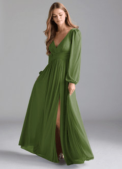 Azazie Norah Robes de demoiselle d'honneur Robe Trapèze en Maille Olive image1