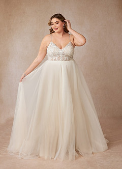 Azazie Tatiana Wedding Dresses Diamond White Nude A-Line V-Neck Sequins Tulle Dress image9