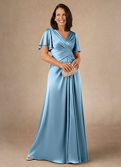 Azazie Emmeline Moeder van de bruid jurken A-Lijn Jurk van Stretch Satijn Geplooid Staal Blauw image1