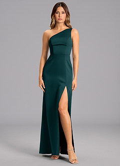 Azazie Feby Bridesmaid Dresses Pine A-Line One Shoulder Stretch Satin Dress image4