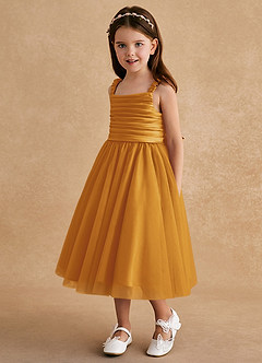 Azazie Gabbie vestidos de niña de las flores Vestido de Caramelo de Satin Mate de Corte En A con Plisado image5