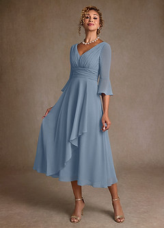 Azazie Aerynne 신부의 어머니 드레스 A라인 주름진 쉬폰 티 길이 드레스 image3