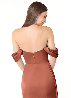 Azazie Amyra Bridesmaid Dresses Clay Sheath Off the Shoulder Stretch Satin Convertible Dress image3