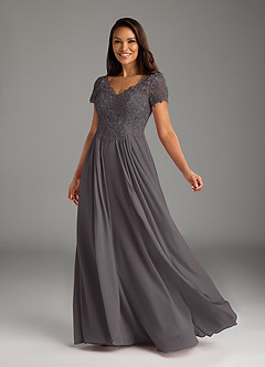 Azazie Dunja vestidos de madre de la novia Vestido de Gris Acero de Gasa de Corte En A con Encaje cuello pico image2