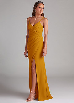 Azazie Maci Bridesmaid Dresses Butterscotch Sheath Pleated Chiffon Dress image3