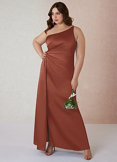 Azazie Mika Vestidos de damas de honor Vestido de Castaño de Satén Elástico de Corte Recto con Hombro unilateral image8
