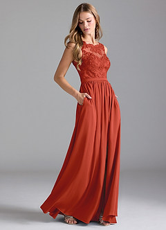Azazie Elly Bridesmaid Dresses Rust A-Line Lace Stretch Satin Dress image1