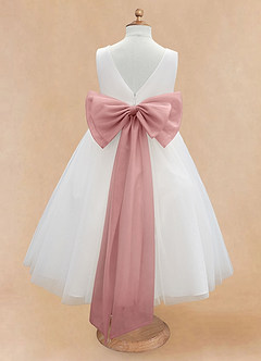 Azazie Kavi Blumenmädchenkleider A-Linie Schleifen Matte Satin Kleid Elfenbein Altrosa image8