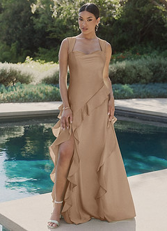 Azazie Sloane Bridesmaid Dresses Taupe A-Line Sweetheart Neckline Stretch Satin Dress image4