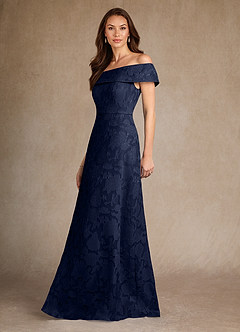 Azazie Medford Mother of the Bride Dresses Dark Navy A-Line Off the Shoulder Floral Burnout Dress image2