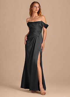 Azazie Shea Robes de demoiselle d'honneur Robe Sirène Convertible en Satiné métallisé Épaule décolletée Noir image1