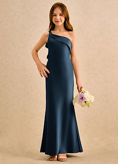 Azazie Almond Girls Formal Jurken voor bloemenmeisjes Kokerjurk Jurk van Stretch Satijn One-shoulder Donkere Marine image4