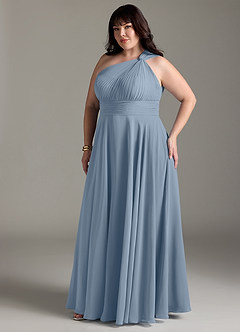 Azazie Charlize Vestidos de madrinha de casamento Vestir Azul Empoeirado de Chiffon de Linha A com Um ombro image11