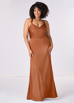 Barbie ♥ Azazie Bridesmaid Dresses Copper Mermaid Pleated Stretch Satin Dress image6