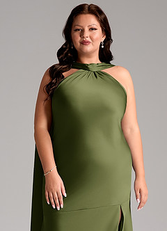 Azazie Kinsley Bridesmaid Dresses Olive Mermaid Side Slit Stretch Satin Dress image13