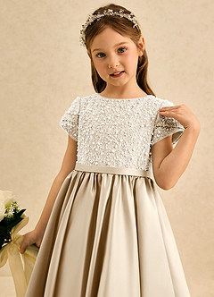 Azazie Cashew Flower Girl Dresses Champagne Ball-Gown with Sleeves Matte Satin Dress image6