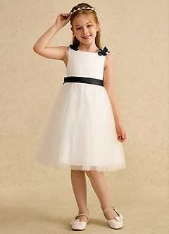 Azazie Lona Abiti da Ragazza di Fiori Abito A-Line in Raso Opaco Fiocco Avorio Nero image3