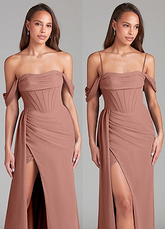 Azazie Amyra Bridesmaid Dresses Cedar Rose Sheath Off the Shoulder Chiffon Convertible Dress image9