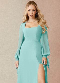Azazie Leonia Bridesmaid Dresses Aqua A-Line Long Sleeve Chiffon Dress image5