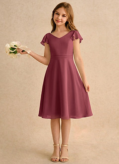 Azazie Narin Girls Formal Abiti da Ragazza di Fiori Abito A-Line in Chiffon con Maniche Merlot image1