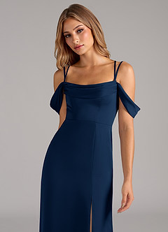 Azazie Callan Bridesmaid Dresses Dark Navy A-Line Pleated Stretch Satin Convertible Dress image6