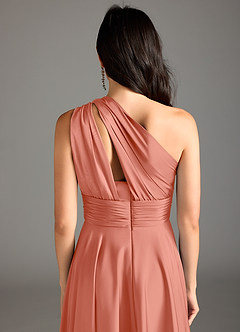 Azazie Charlize Bridesmaid Dresses Salmon Pink A-Line One Shoulder Stretch Satin Dress image8