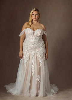 Azazie Leilani Vestidos de novia Vestido de Blanco Diamante Nude de Tul de Corte Sirena con Lentejuela image12